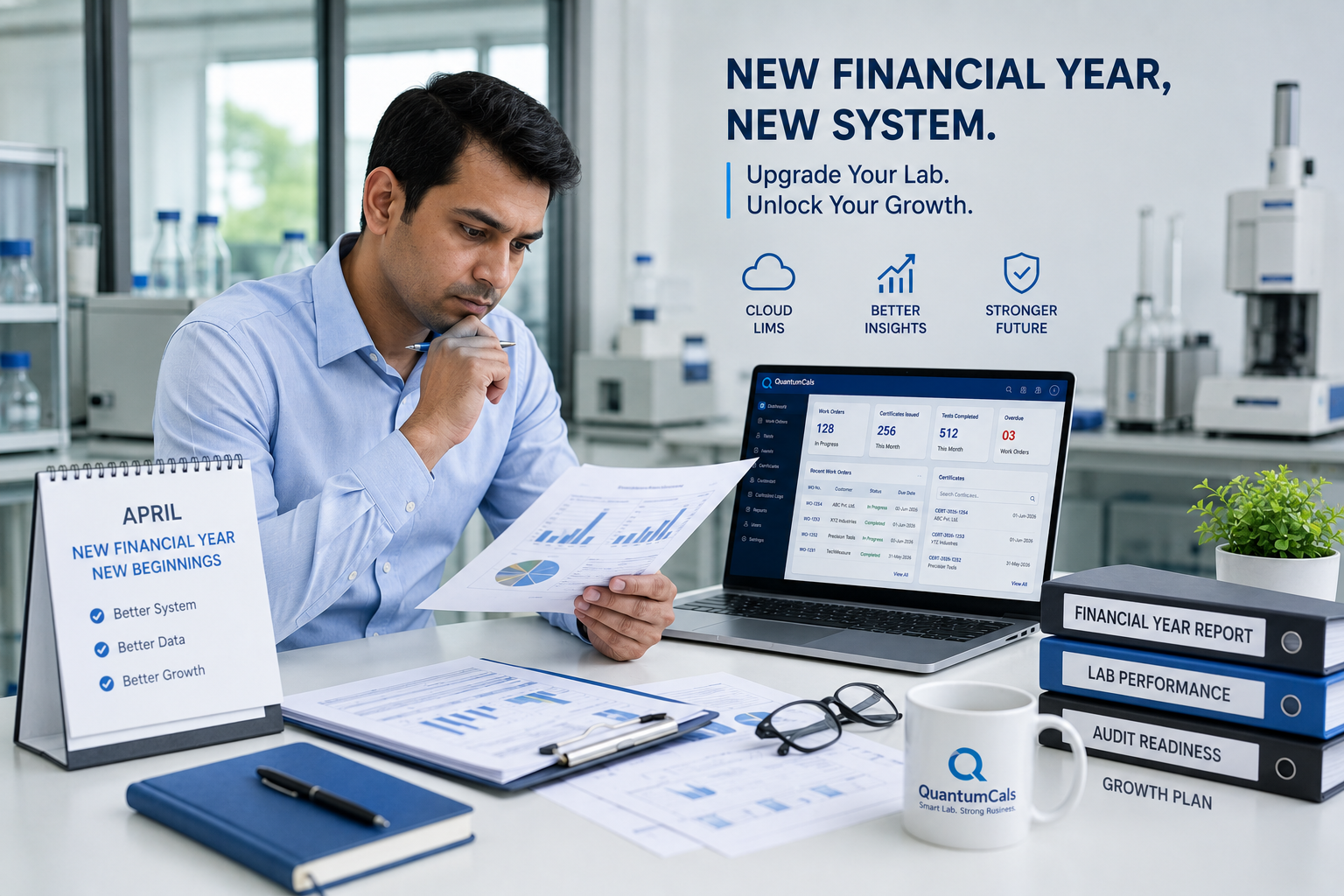 Lab manager reviewing data for the new financial year
